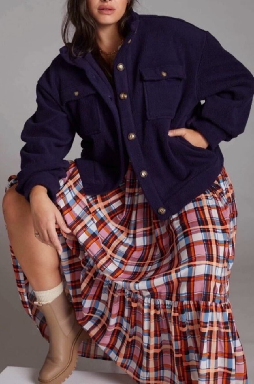 Anthropologie Fleece Jacket Coat Front Button Top Navy Blue Size S